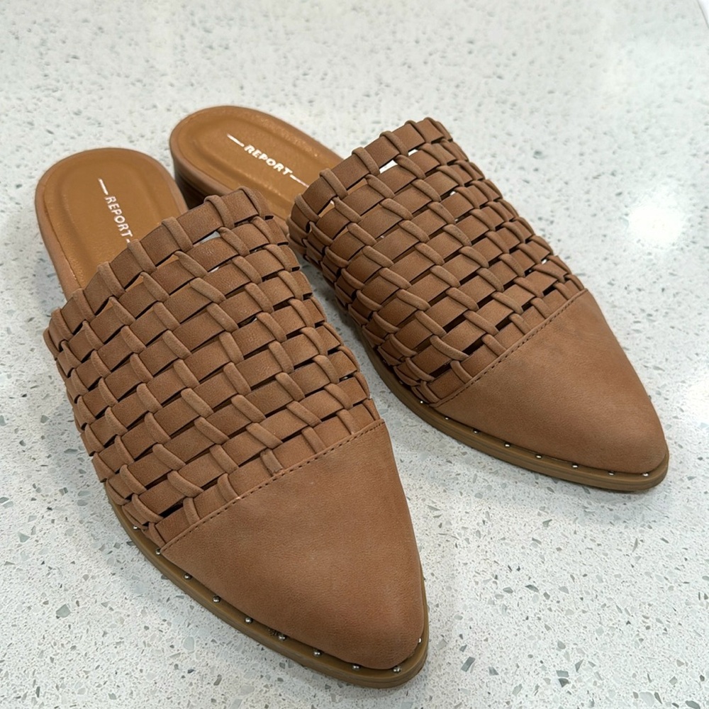 Report slip on mules clog shoes tan nubuck leather inkerman 8.5 EUC